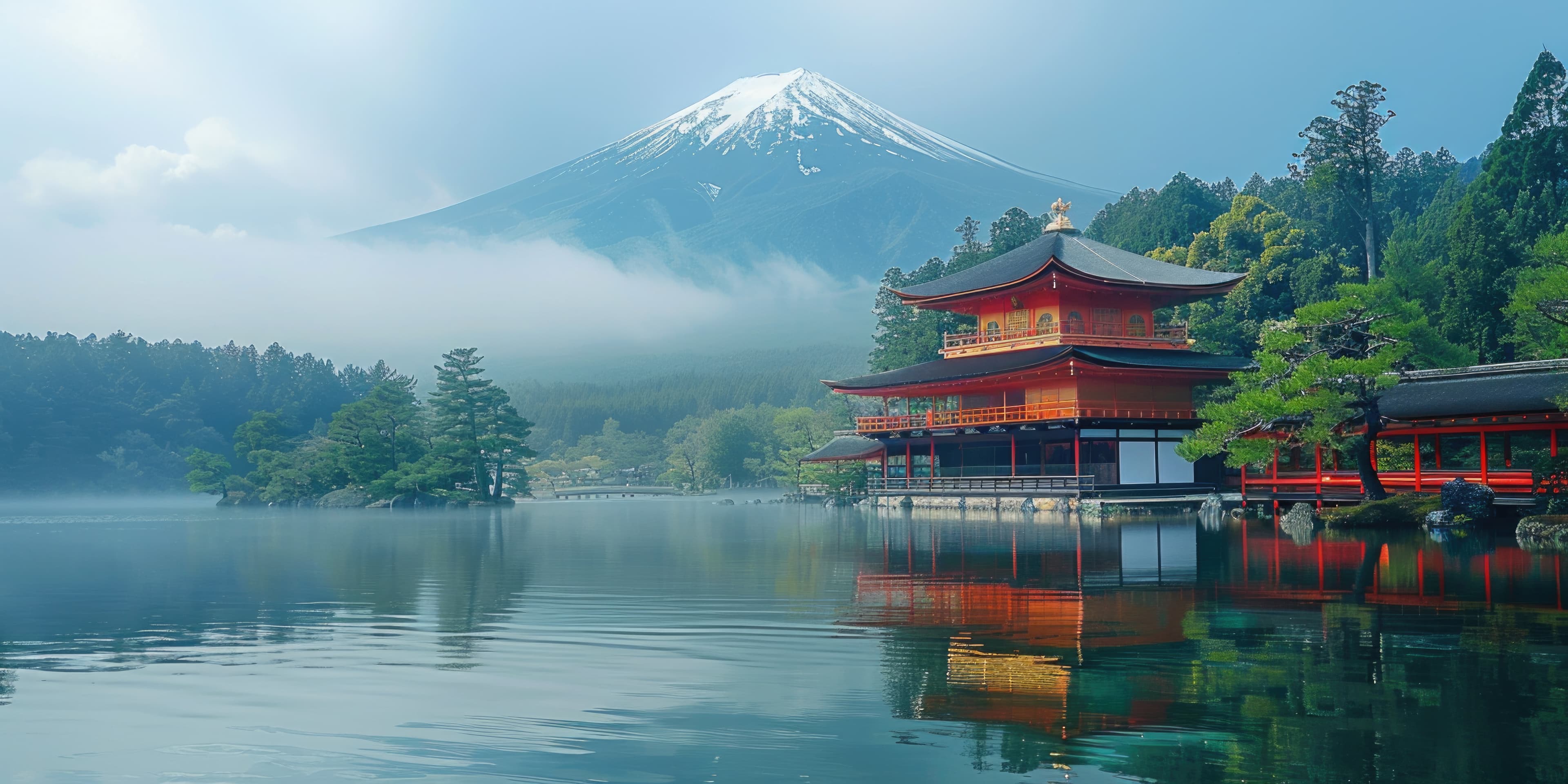 A lakeside pavilion and Mount Fuji in Japan